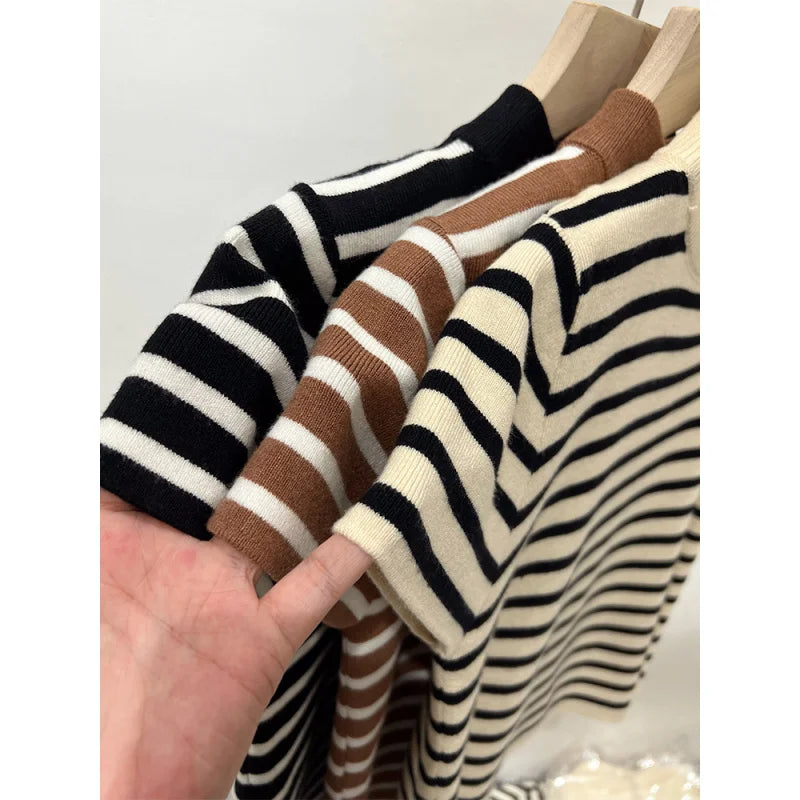 Striped Half-Turtleneck Slim Short-Sleeve Top