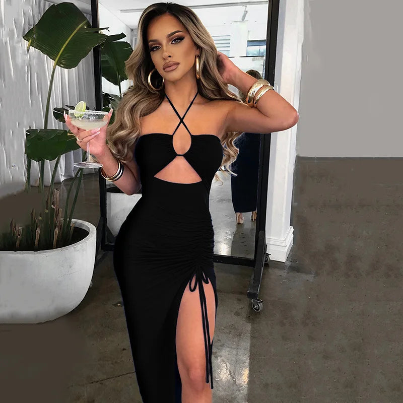 Sleeveless Bodycon Backless V-Neck Midi Dress - Slim Night Club