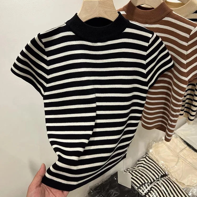 Striped Half-Turtleneck Slim Short-Sleeve Top