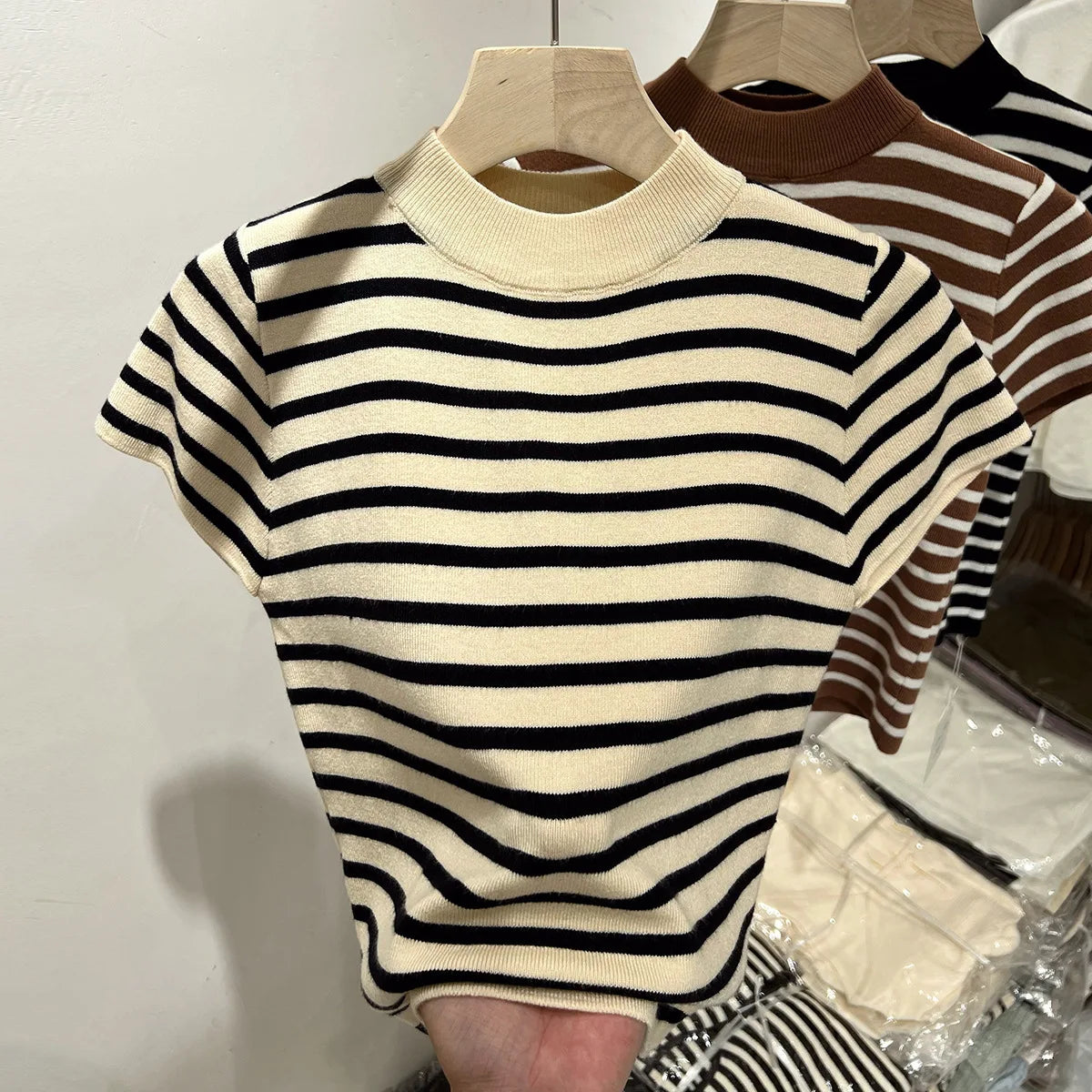 Striped Half-Turtleneck Slim Short-Sleeve Top