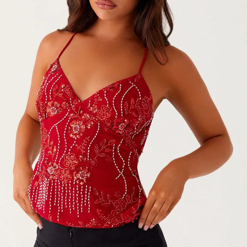 Crop Top Camisole Y2K Sequins Perles Col V Dos Nu – Brillance