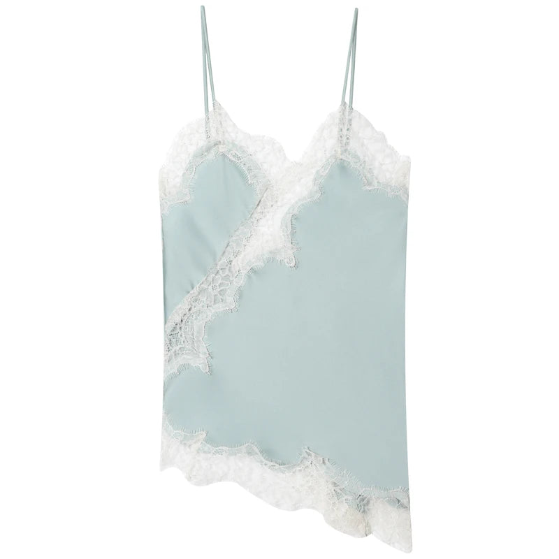 Asymmetric Satin Lace-Trim Backless Slip Top - Y2K Chic