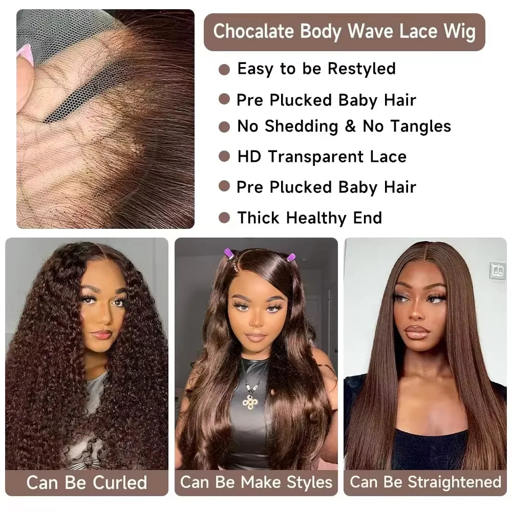 Perruque Lace Front HD Body Wave Brun Chocolat – 46 Pouces
