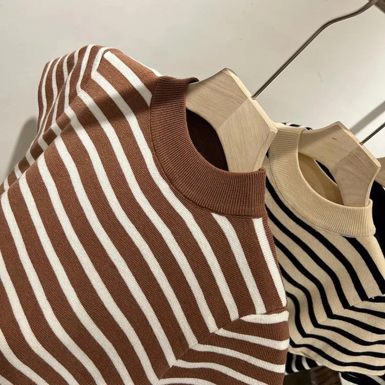 Striped Half-Turtleneck Slim Short-Sleeve Top