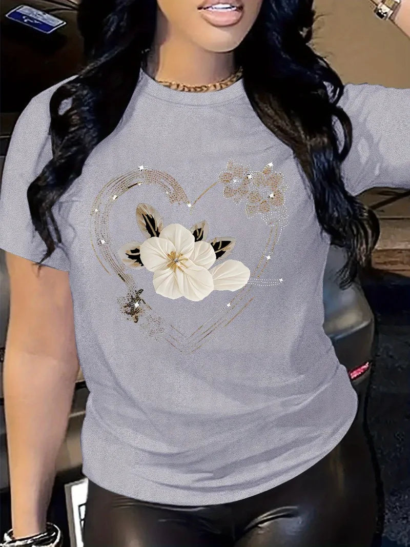 T-Shirt Casual Manches Courtes Imprimé Cœur Floral – Femme