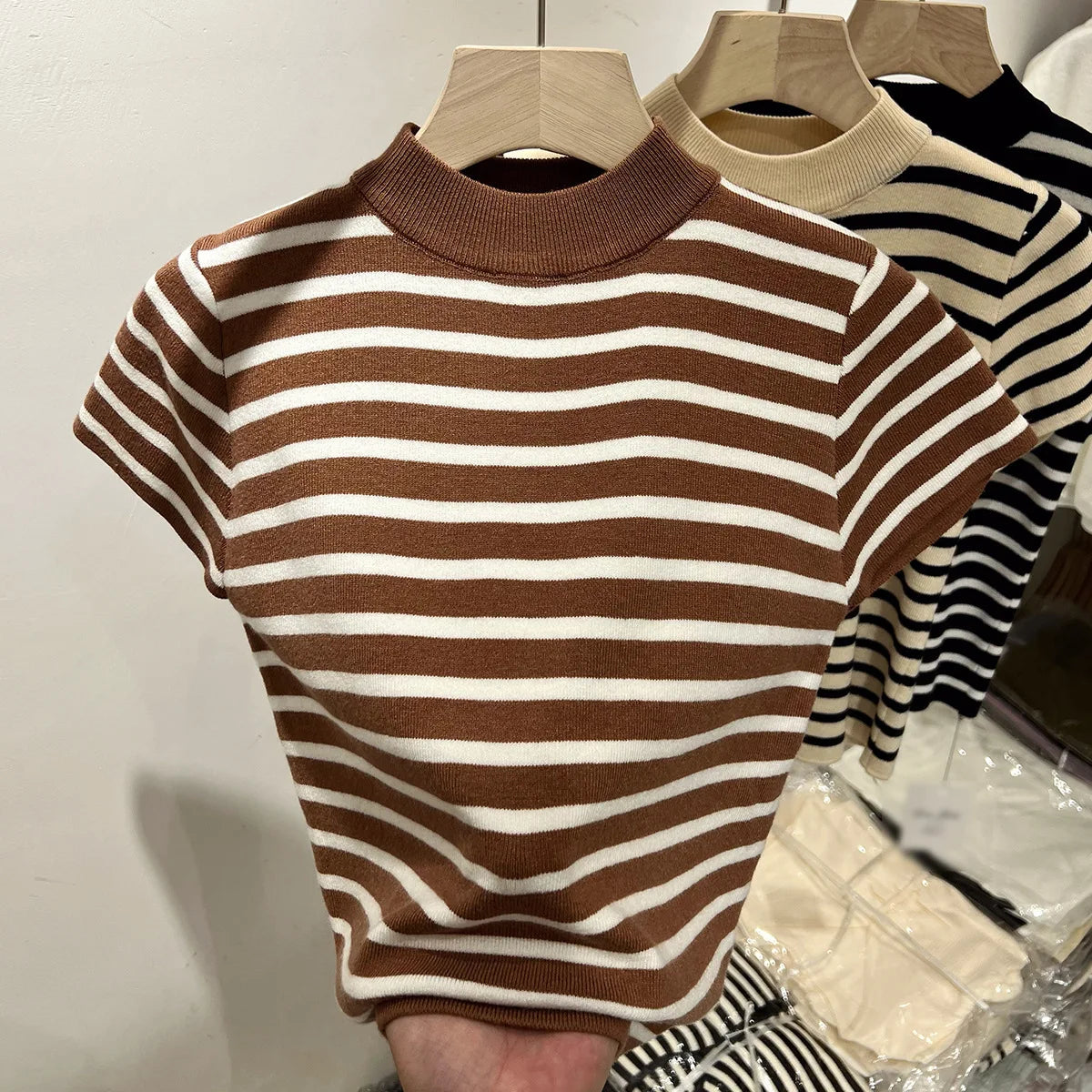 Striped Half-Turtleneck Slim Short-Sleeve Top