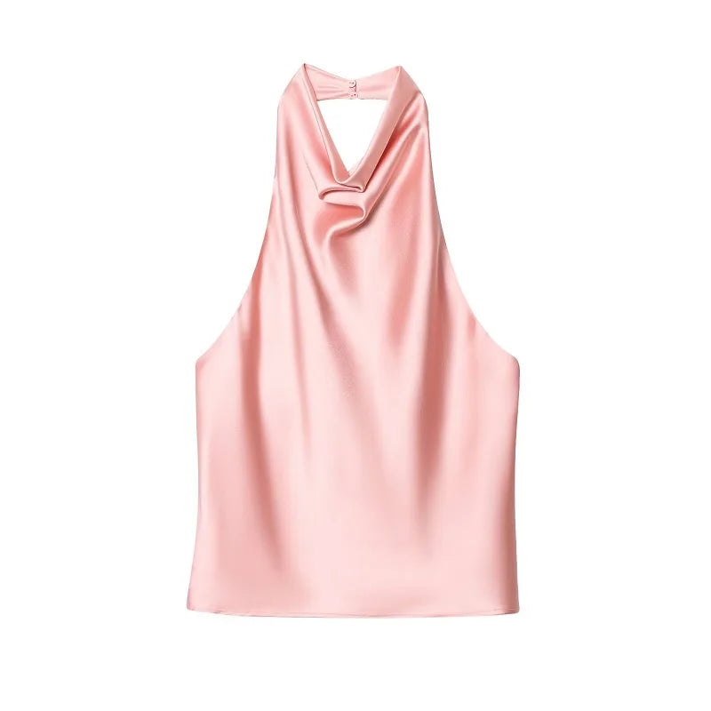 Top Halter Satin Dos Nu – Camisole Élégante Été Femme