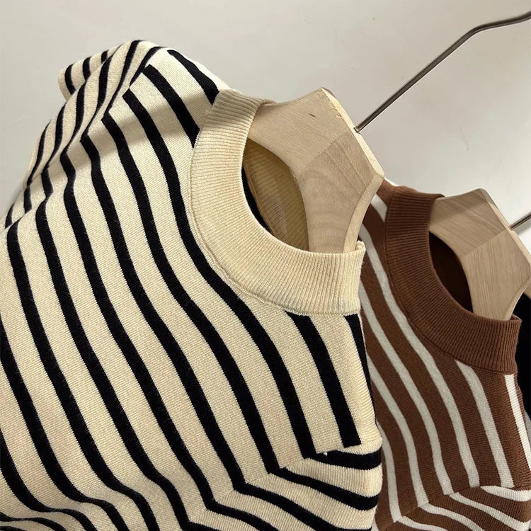 Striped Half-Turtleneck Slim Short-Sleeve Top