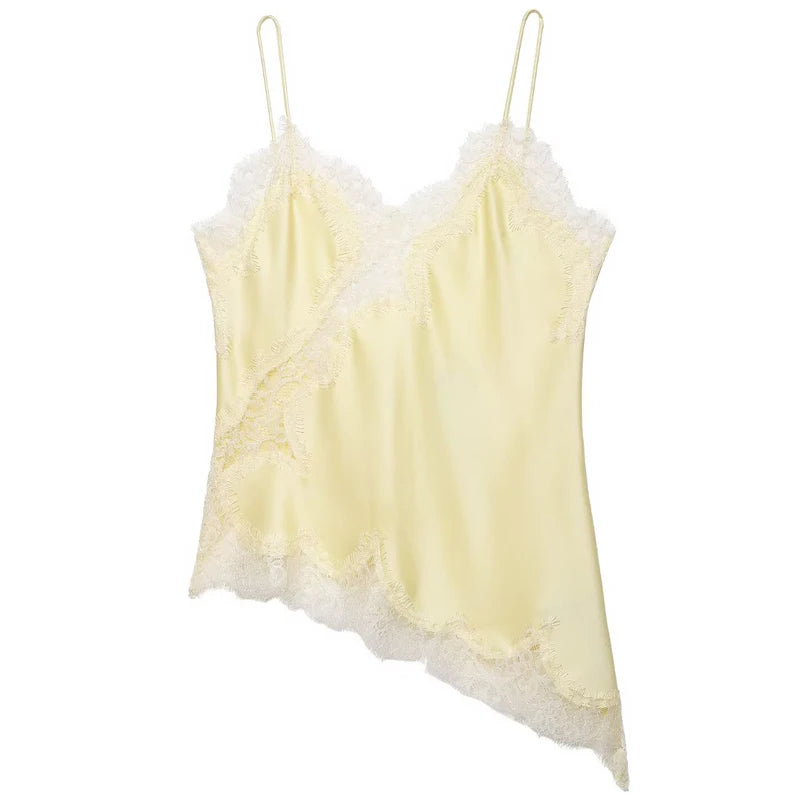 Asymmetric Satin Lace-Trim Backless Slip Top - Y2K Chic