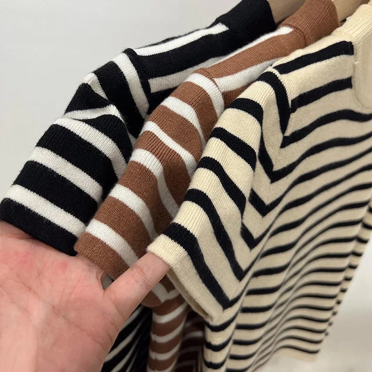 Striped Half-Turtleneck Slim Short-Sleeve Top