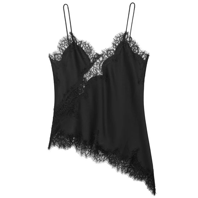 Asymmetric Satin Lace-Trim Backless Slip Top - Y2K Chic