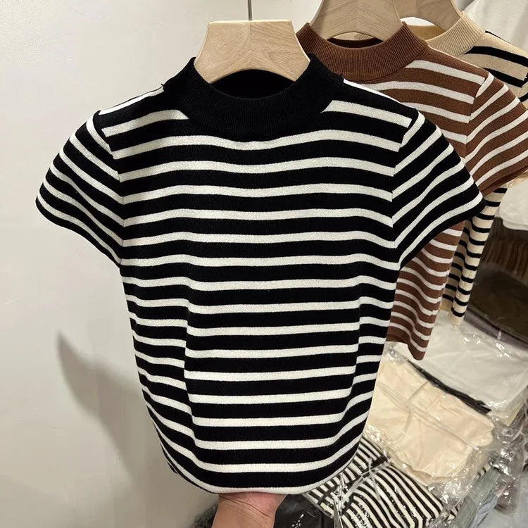 Striped Half-Turtleneck Slim Short-Sleeve Top