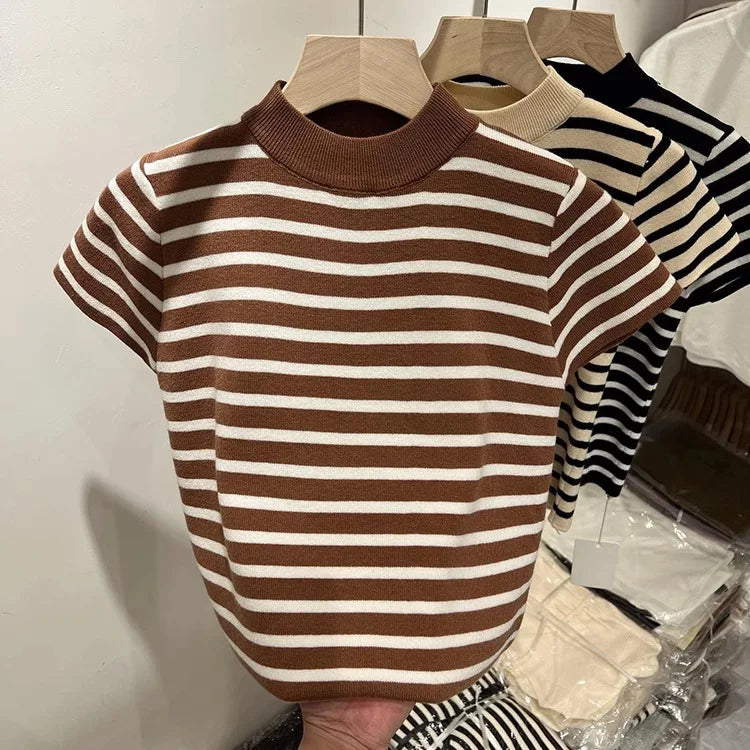 Striped Half-Turtleneck Slim Short-Sleeve Top