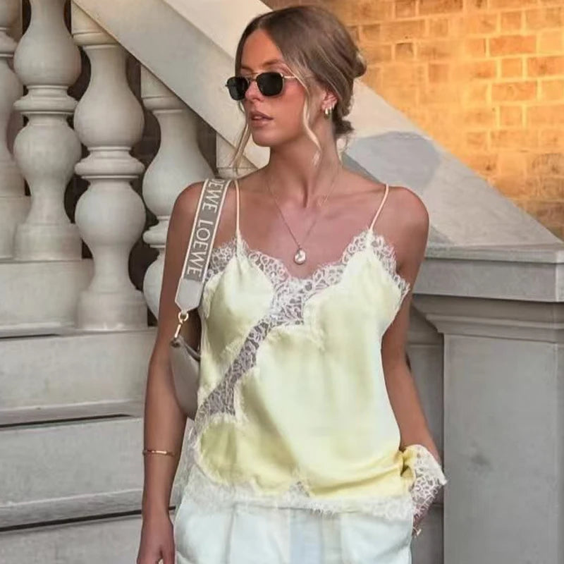 Asymmetric Satin Lace-Trim Backless Slip Top - Y2K Chic