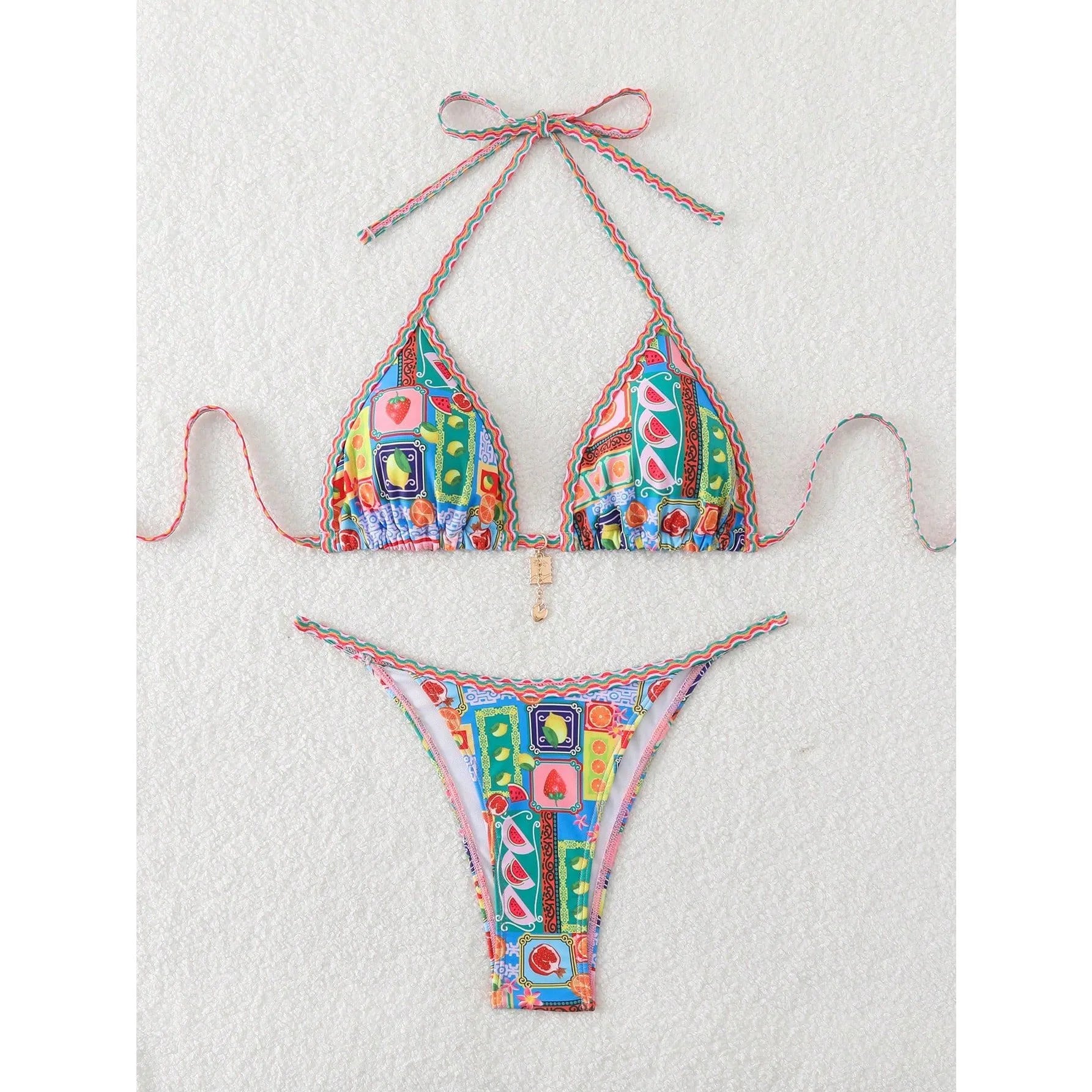 Bikini Tropical Halter Push Up Tanga – Micro Maillot Été