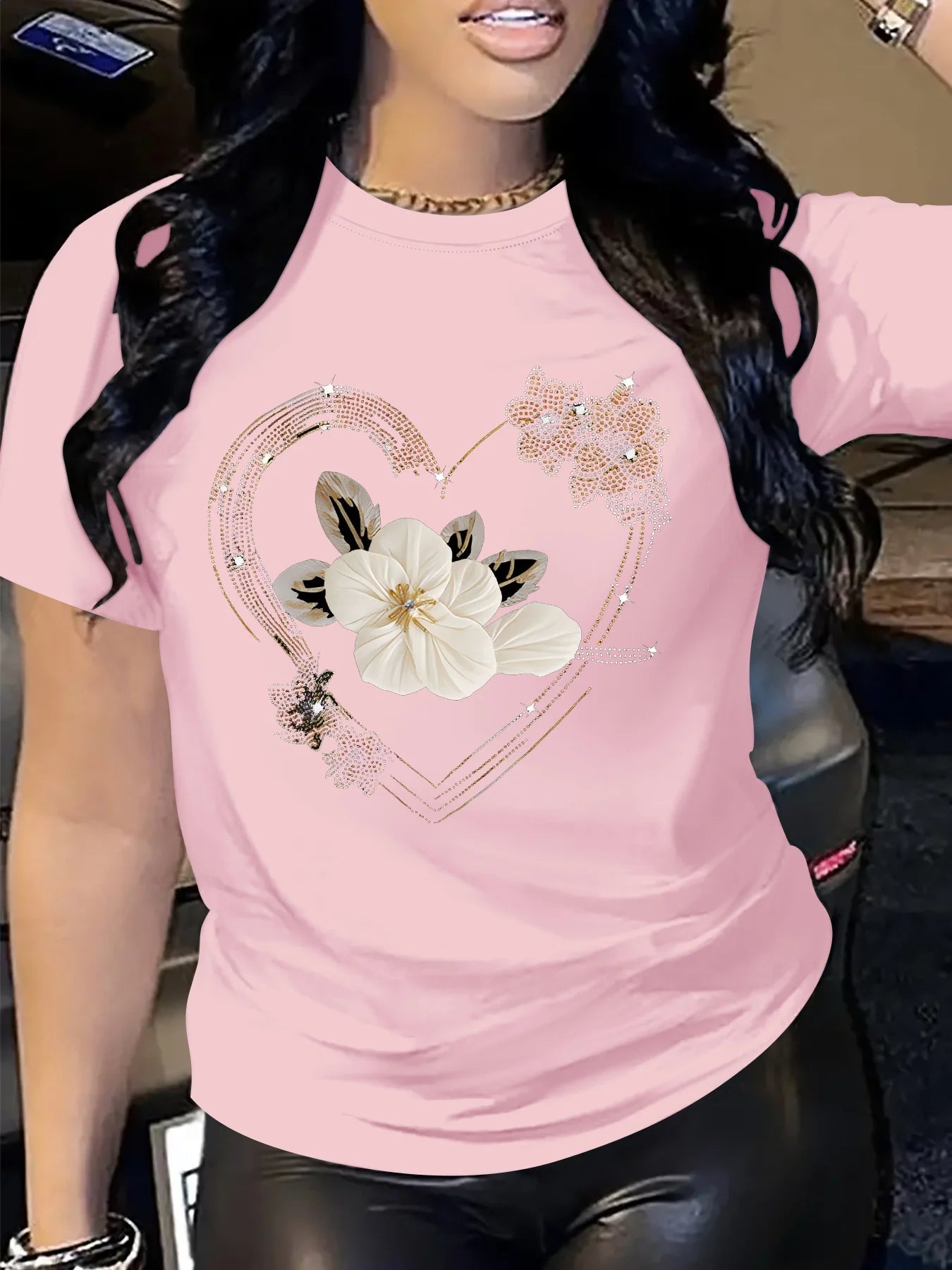 T-Shirt Casual Manches Courtes Imprimé Cœur Floral – Femme