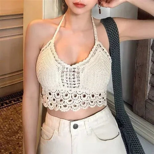 Crop Top Halter Ajouré Bretelles Dentelle dos – Soutien Intégré