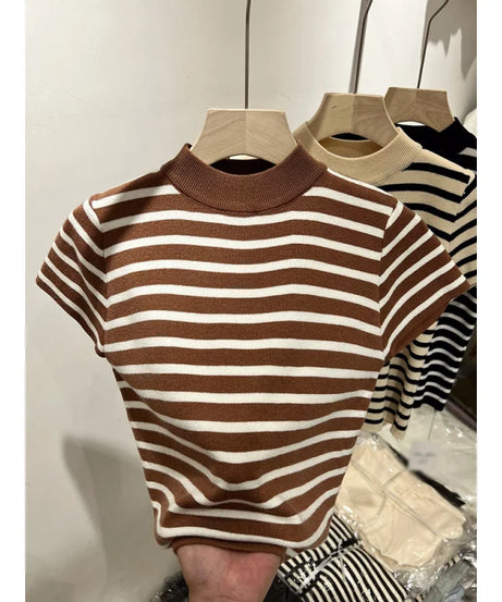 Pull Col Rouleau Rayé Manches Courtes Slim – Demi-Saison