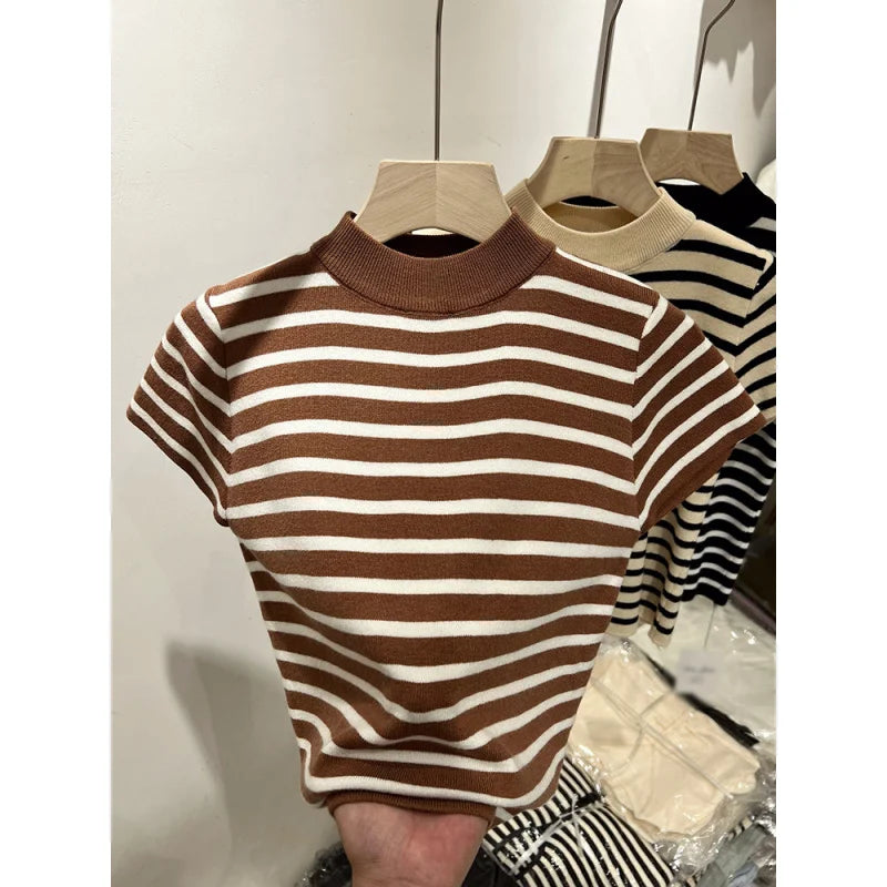 Pull Col Rouleau Rayé Manches Courtes Slim – Demi-Saison
