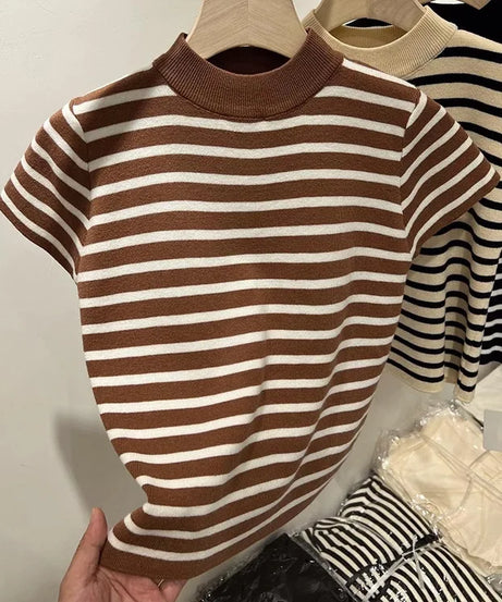 Pull Col Rouleau Rayé Manches Courtes Slim – Demi-Saison