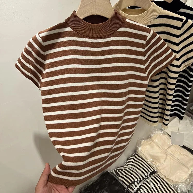 Pull Col Rouleau Rayé Manches Courtes Slim – Demi-Saison
