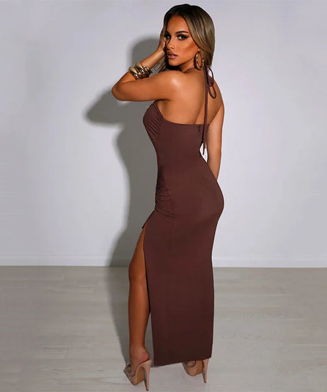 Robe Midi Bodycon Dos Nu Sans Manches Col V – Slim Night Club