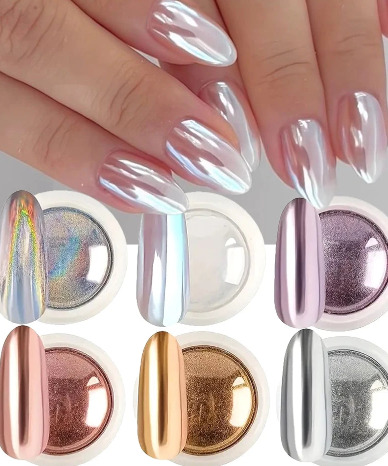 Set Poudre Chrome Miroir Ongles – 6 Teintes Métalliques