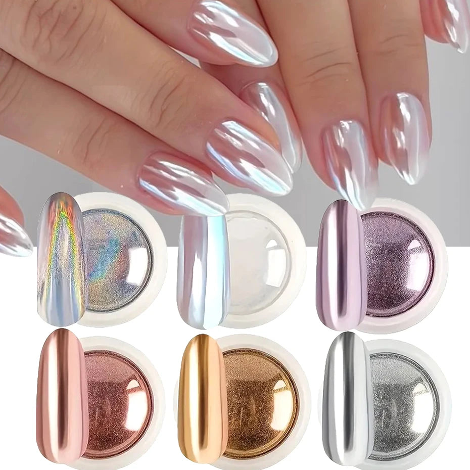 Set Poudre Chrome Miroir Ongles – 6 Teintes Métalliques