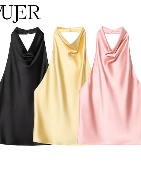 Top Halter Satin Dos Nu – Camisole Élégante Été Femme