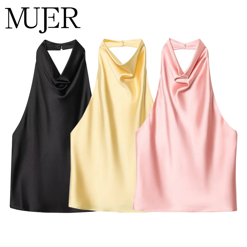 Top Halter Satin Dos Nu – Camisole Élégante Été Femme