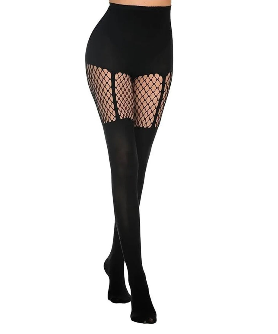 Collants Résille Faux-Cuissardes – Rayures, Bretelles & Patchwork
