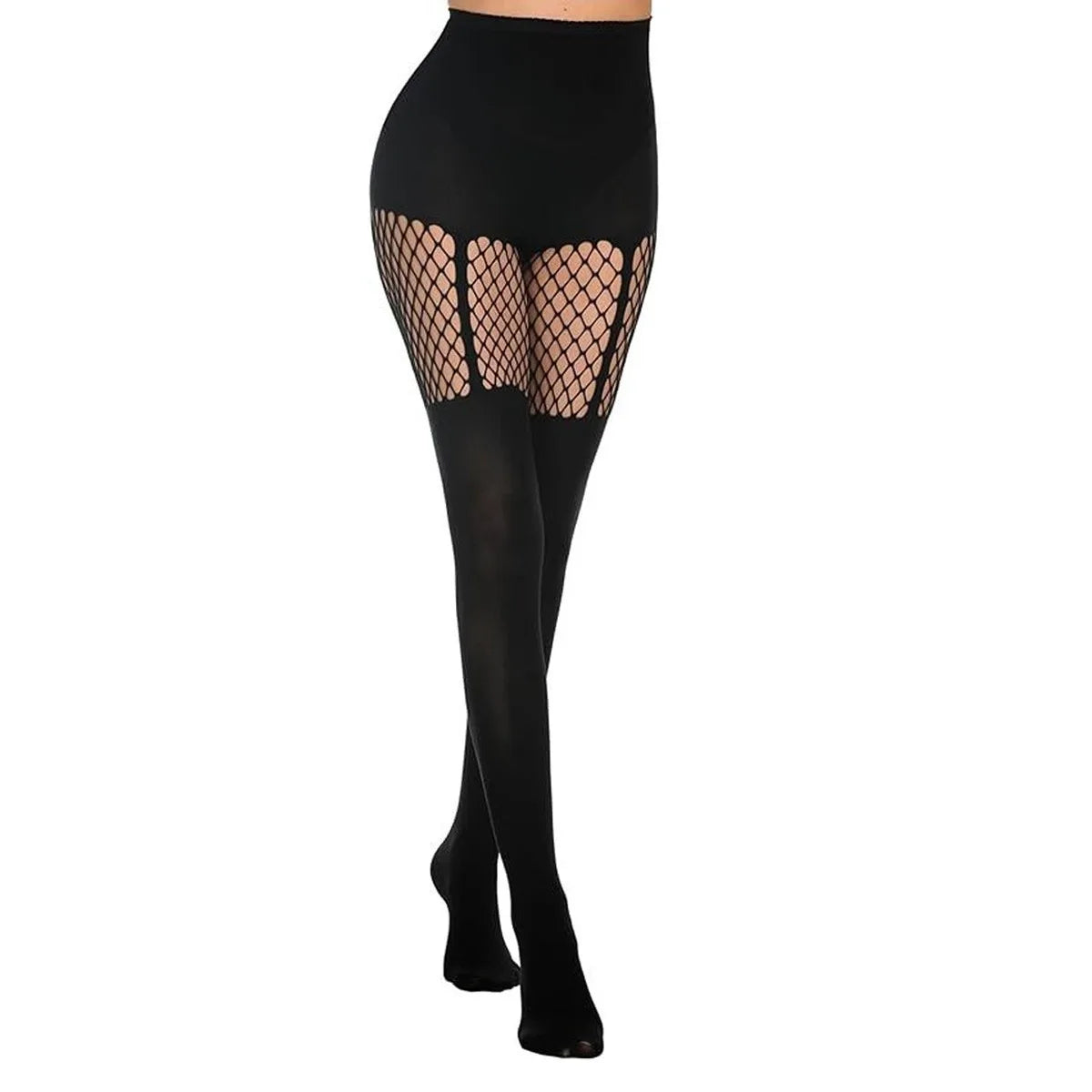 Collants Résille Faux-Cuissardes – Rayures, Bretelles & Patchwork