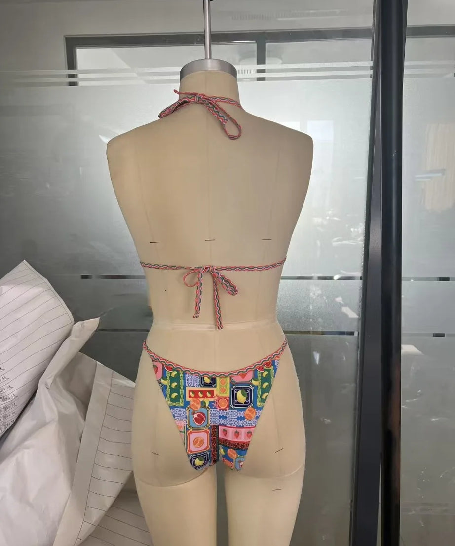 Bikini Tropical Halter Push Up Tanga – Micro Maillot Été