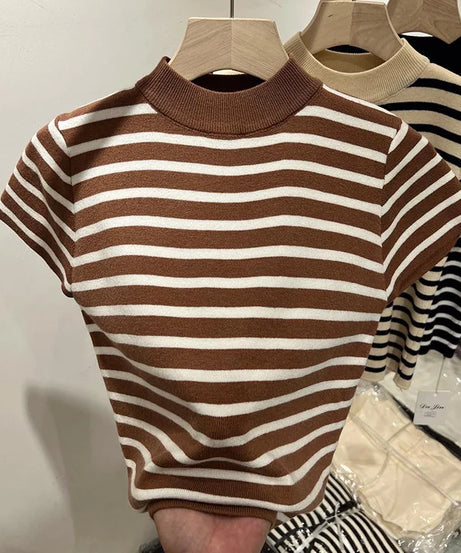 Pull Col Rouleau Rayé Manches Courtes Slim – Demi-Saison