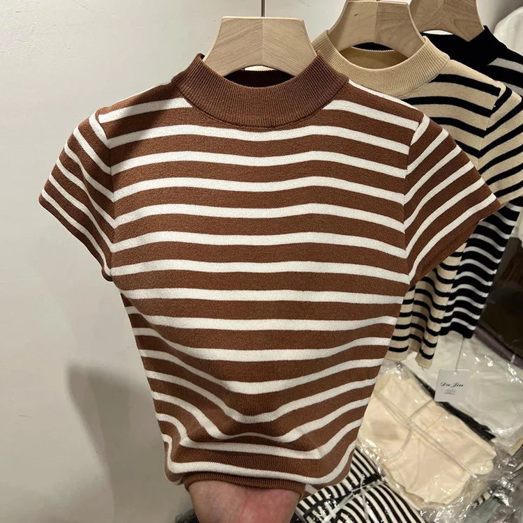 Pull Col Rouleau Rayé Manches Courtes Slim – Demi-Saison
