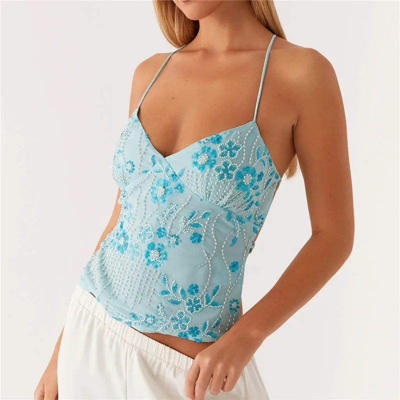 Crop Top Camisole Y2K Sequins Perles Col V Dos Nu – Brillance