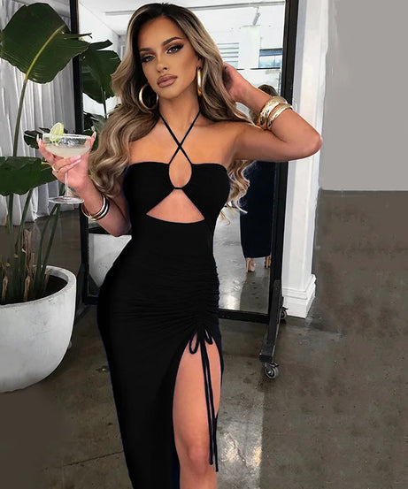 Robe Midi Bodycon Dos Nu Sans Manches Col V – Slim Night Club