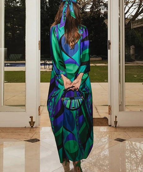 Robe Longue Bohème Florale Col V Manches 3/4 – Maxi Loose Été