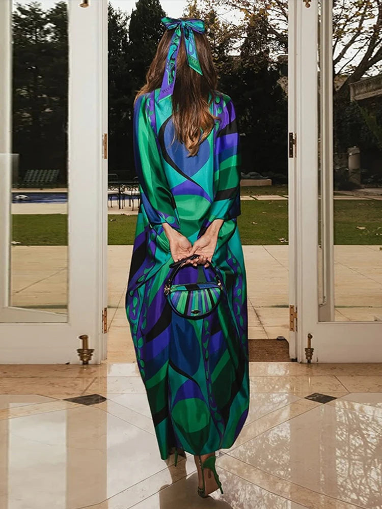 Robe Longue Bohème Florale Col V Manches 3/4 – Maxi Loose Été