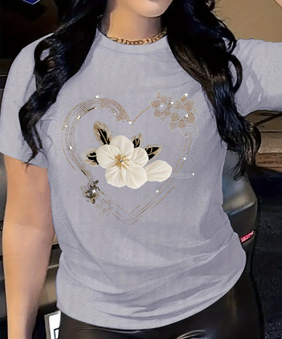 T-Shirt Casual Manches Courtes Imprimé Cœur Floral – Femme