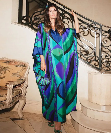 Robe Longue Bohème Florale Col V Manches 3/4 – Maxi Loose Été