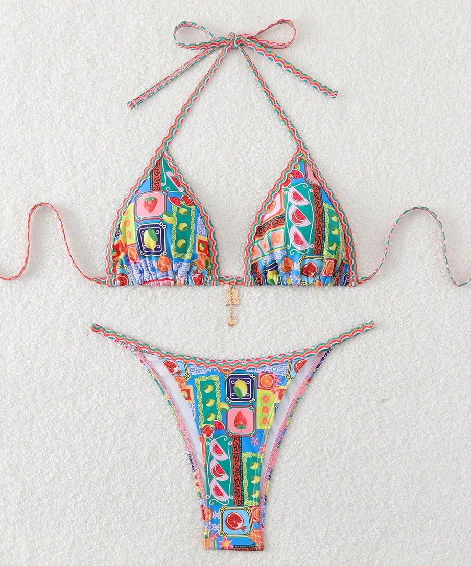 Bikini Tropical Halter Push Up Tanga – Micro Maillot Été