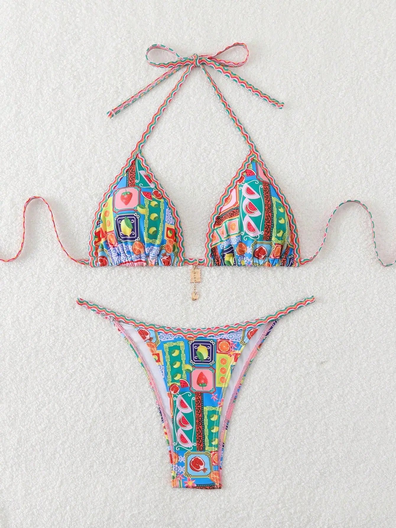 Bikini Tropical Halter Push Up Tanga – Micro Maillot Été