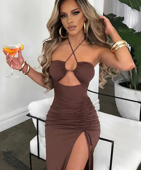 Robe Midi Bodycon Dos Nu Sans Manches Col V – Slim Night Club