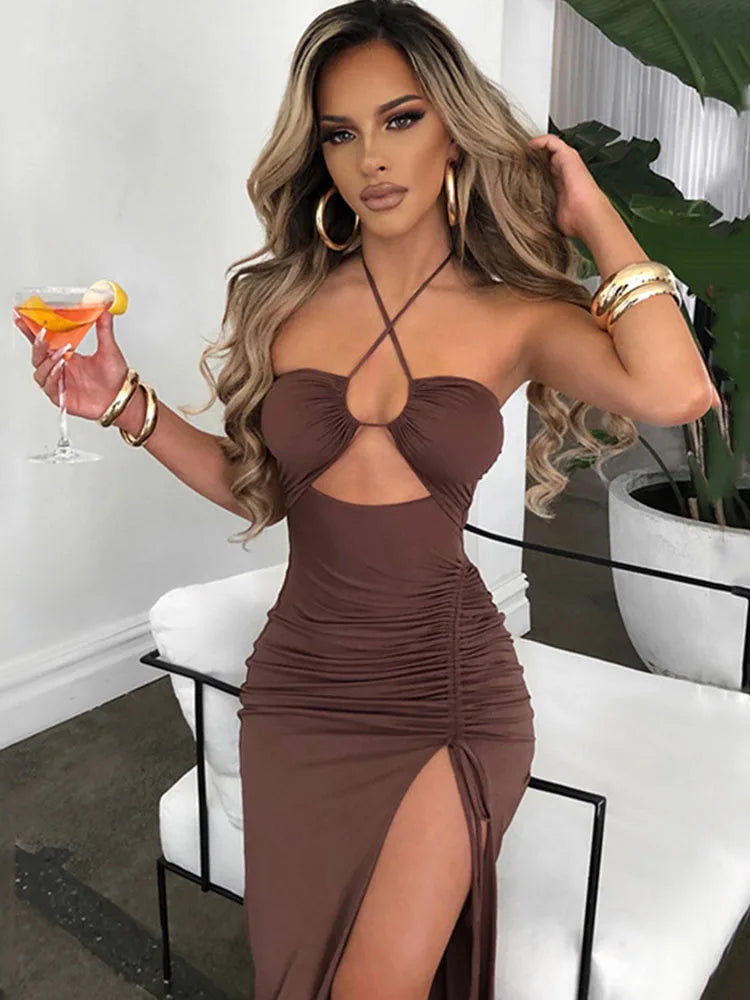 Robe Midi Bodycon Dos Nu Sans Manches Col V – Slim Night Club
