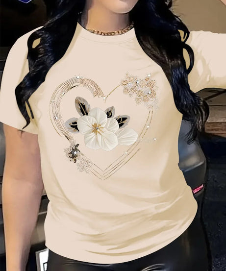 T-Shirt Casual Manches Courtes Imprimé Cœur Floral – Femme