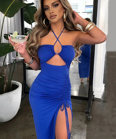 Robe Midi Bodycon Dos Nu Sans Manches Col V – Slim Night Club