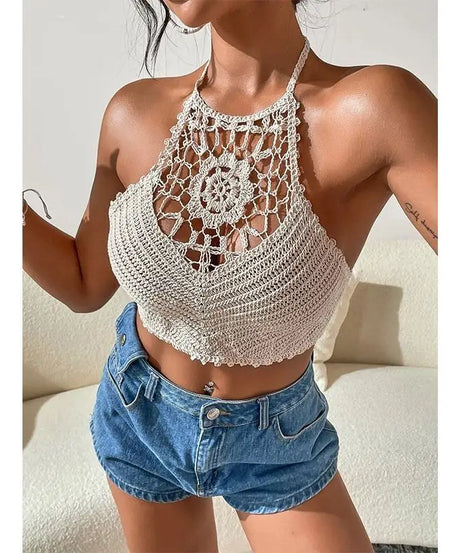 Crop Top Halter Ajouré Bretelles Dentelle dos – Soutien Intégré