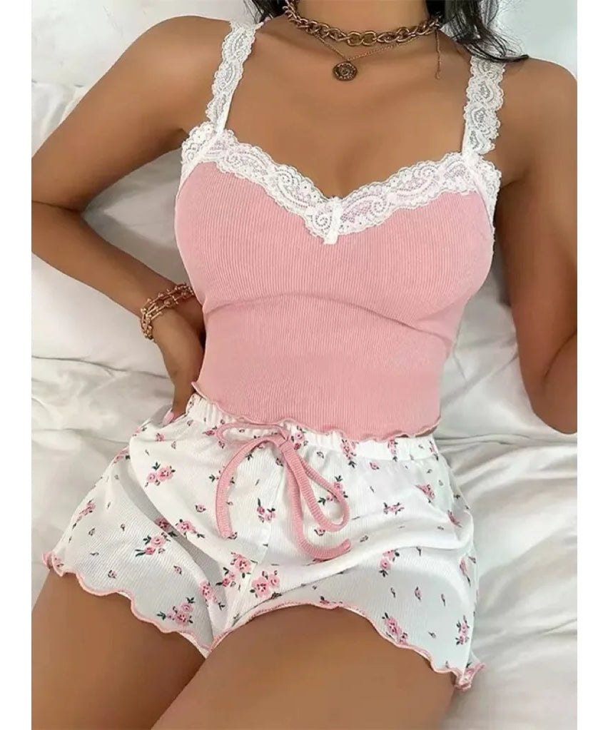 Ensemble Pyjama Dentelle 2 Pièces Camisole + Short – Été Femme