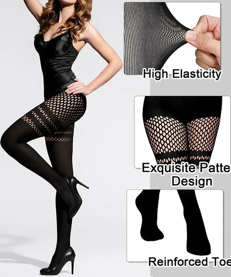 Collants Résille Faux-Cuissardes – Rayures, Bretelles & Patchwork
